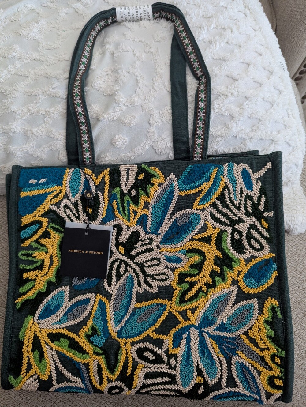 America & Beyond Dark Green Beaded Floral Tote With Crossbody Strap